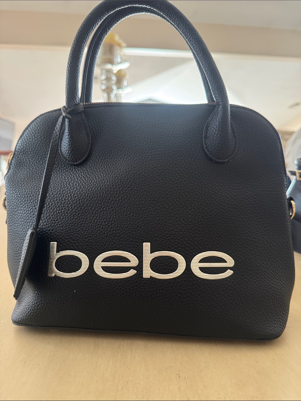 bebe Black Pebbled Dome Satchel with Silver Logo